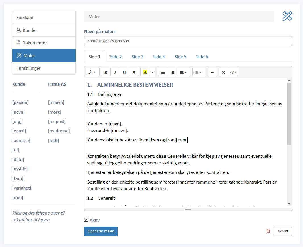 Redigere mal som grunnlag for avtale