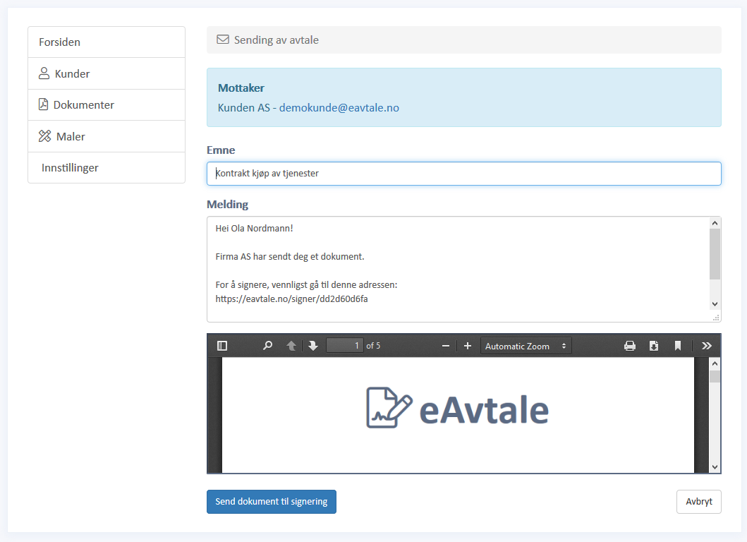 Sende avtale for signatur